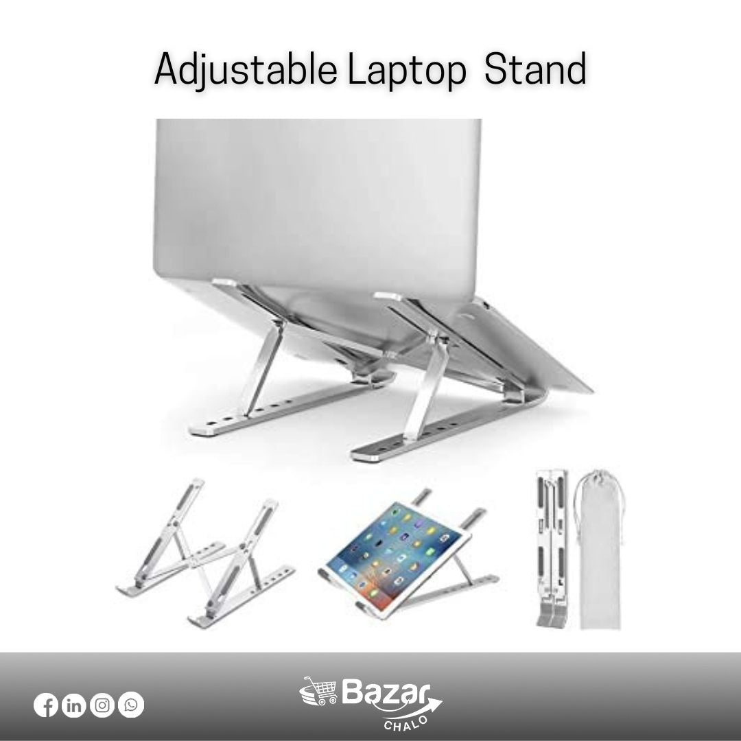 Adjustable laptop stand with a laptop on top, on a white background