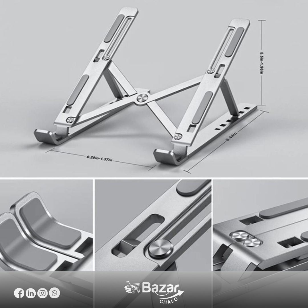 Metallic adjustable stand with detailed views and dimensions on a gray background, featuring the brand 'Bazar Chalo'.