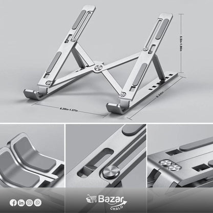 Metallic adjustable stand with detailed views and dimensions on a gray background, featuring the brand 'Bazar Chalo'.