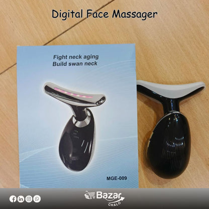 Digital face massager on a wooden surface with packaging labeled 'Fight neck aging, Build swan neck'.
