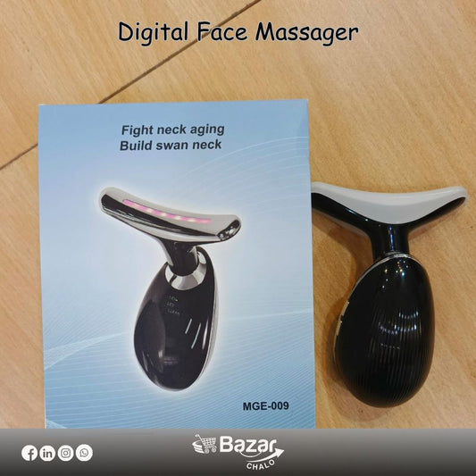 Digital face massager on a wooden surface with packaging labeled 'Fight neck aging, Build swan neck'.