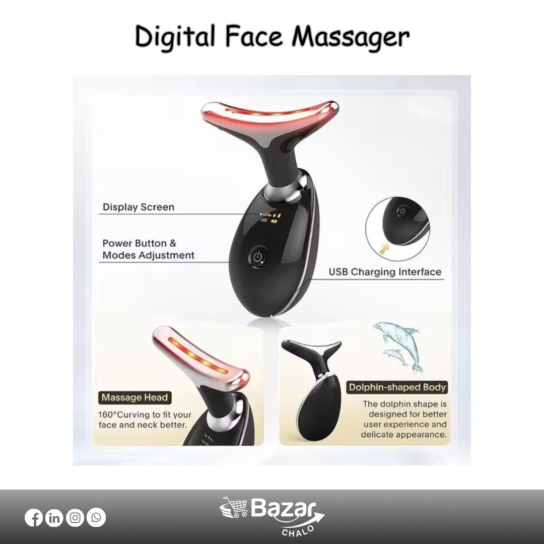 Digital face massager with features highlighted on a white background