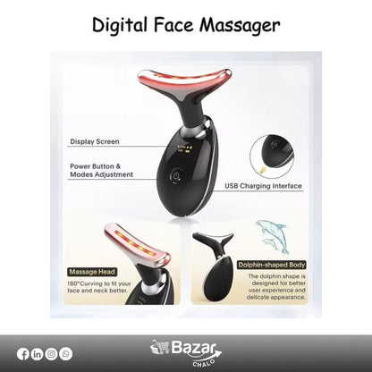 Digital face massager with features highlighted on a white background