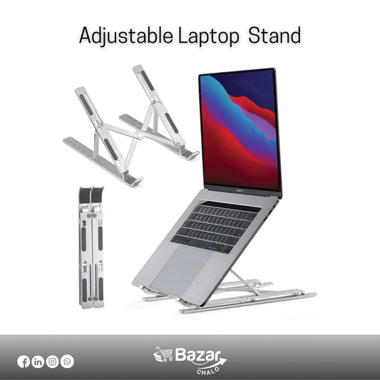 Adjustable laptop stand with a laptop on top, displayed against a white background.