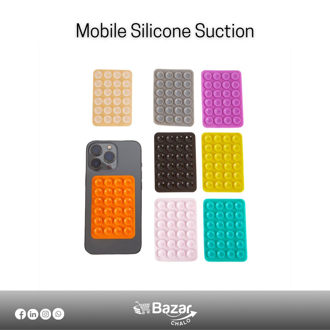 Collection of colorful silicone suction cup pads with a phone case on a white background, branded 'Bazar Chalo'.
