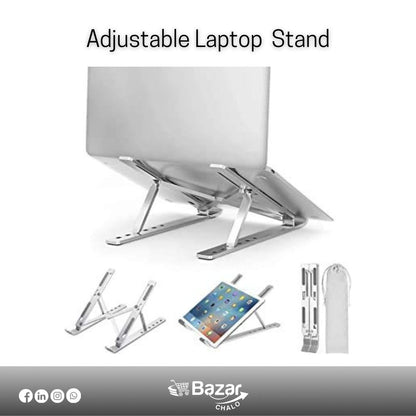 Adjustable laptop stand with a laptop on top, on a white background
